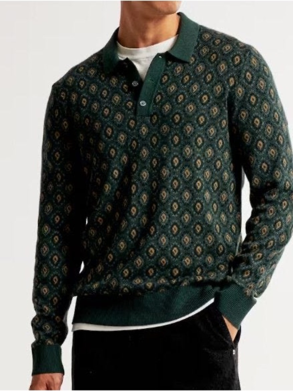 Abercrombie & Fitch Pattern Long-Sleeve 3-Button Sweater Polo | Green & Gold